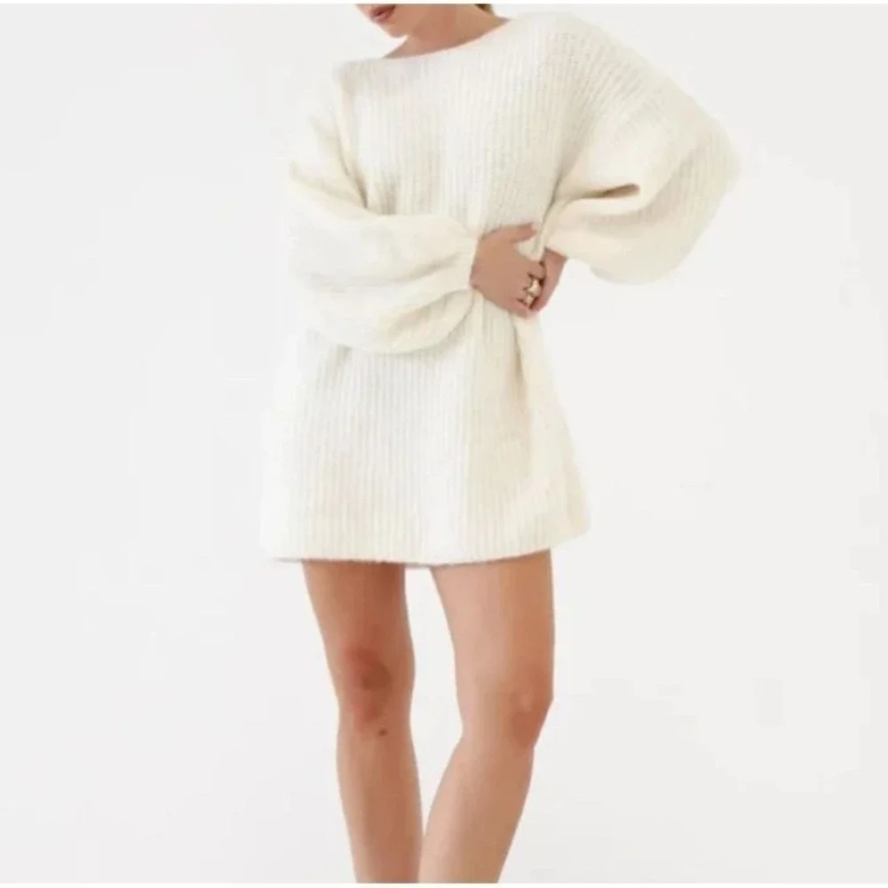 Rumored Revolve Oversized Knit L Sweater Dress Cream Balloon Sleeve Cozy - Picture 4 of 8